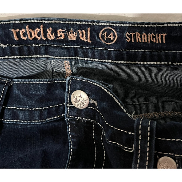 Rebel Soul Womens Jeans Size 14 Blue Straight Leg Mid Rise Sequins Stretch 34" - Picture 2 of 10